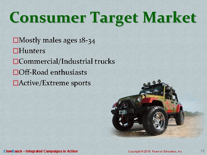 Consumer Target Market �Mostly males ages 18 -34 �Hunters �Commercial/Industrial trucks �Off-Road enthusiasts �Active/Extreme