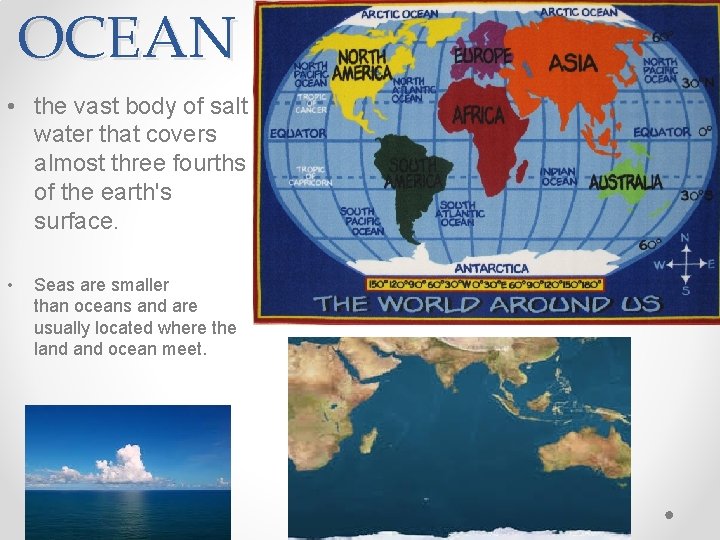 OCEAN • the vast body of salt water that covers almost three fourths of