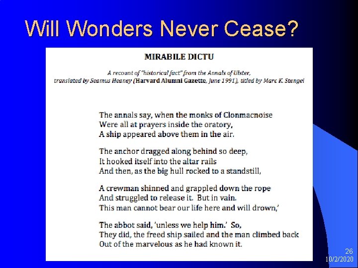 Will Wonders Never Cease? 26 10/2/2020 Will Wonders Never Cease? 26 10/2/2020