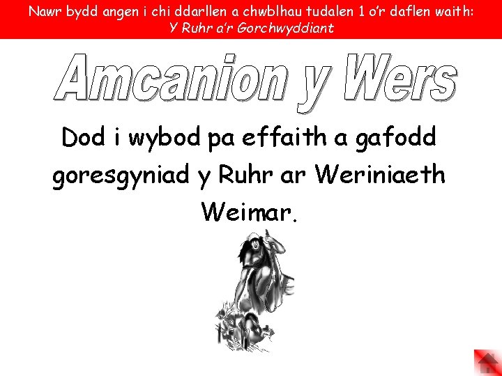 Nawr bydd angen i chi ddarllen a chwblhau tudalen 1 o’r daflen waith: Y