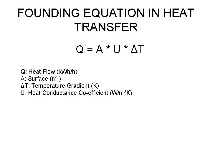 FOUNDING EQUATION IN HEAT TRANSFER Q = A * U * ΔΤ Q: Heat