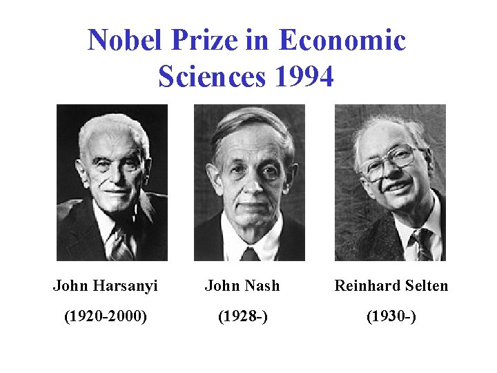 Nobel Prize in Economic Sciences 1994 John Harsanyi John Nash Reinhard Selten (1920 -2000)