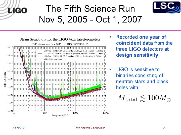 The Fifth Science Run Nov 5, 2005 - Oct 1, 2007 • Recorded one