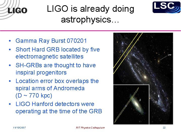 LIGO is already doing astrophysics… • Gamma Ray Burst 070201 • Short Hard GRB