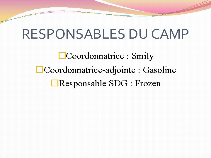 RESPONSABLES DU CAMP � Coordonnatrice : Smily � Coordonnatrice-adjointe : Gasoline � Responsable SDG
