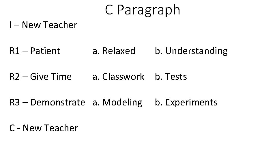 I – New Teacher C Paragraph R 1 – Patient a. Relaxed R 2