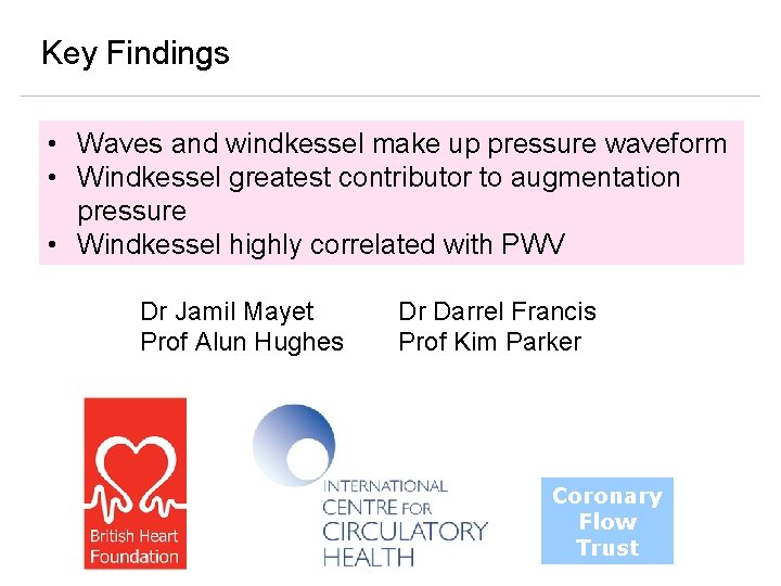 Key Findings • Waves and windkessel make up pressure waveform • Windkessel greatest contributor