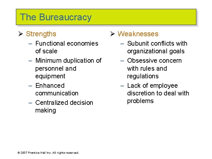 The Bureaucracy Ø Strengths – Functional economies of scale – Minimum duplication of personnel