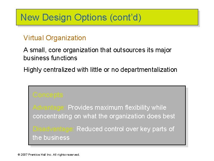 New Design Options (cont’d) Virtual Organization A small, core organization that outsources its major