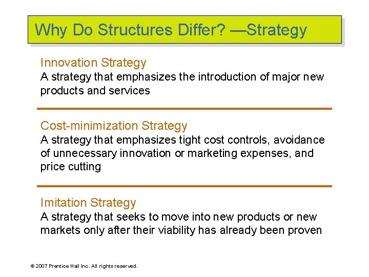 Why Do Structures Differ? —Strategy Innovation Strategy A strategy that emphasizes the introduction of