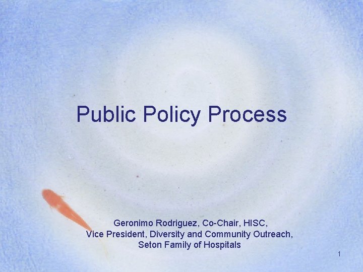 Public Policy Process Geronimo Rodriguez, Co-Chair, HISC, Vice President, Diversity and Community Outreach, Seton