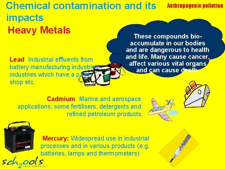 Chemical contamination and its impacts Heavy Metals Lead: Industrial effluents from battery manufacturing industries,