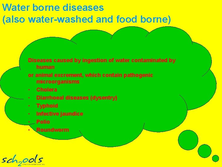 Water borne diseases (also water-washed and food borne) Diseases caused by ingestion of water