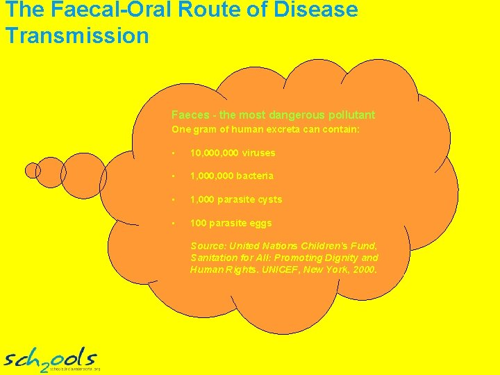 The Faecal-Oral Route of Disease Transmission Faeces - the most dangerous pollutant One gram