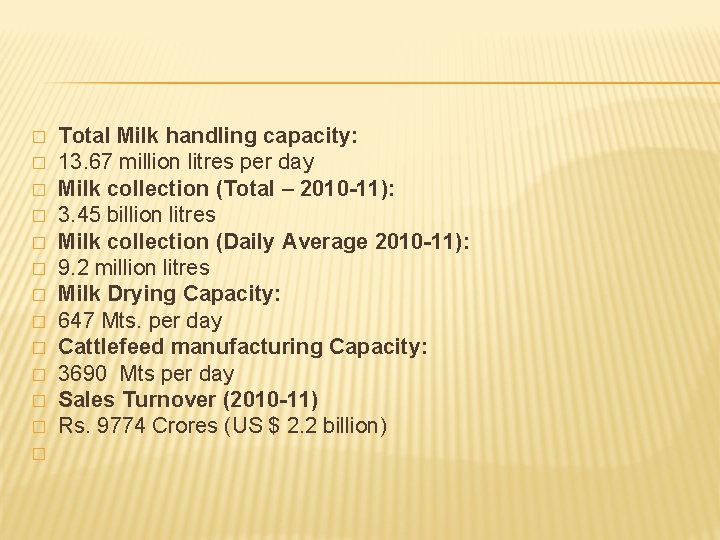 � � � � Total Milk handling capacity: 13. 67 million litres per day � � � � Total Milk handling capacity: 13. 67 million litres per day