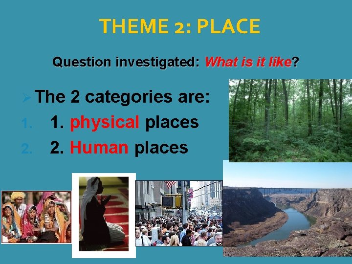 THEME 2: PLACE Question investigated: What is it like? Ø The 2 categories are: