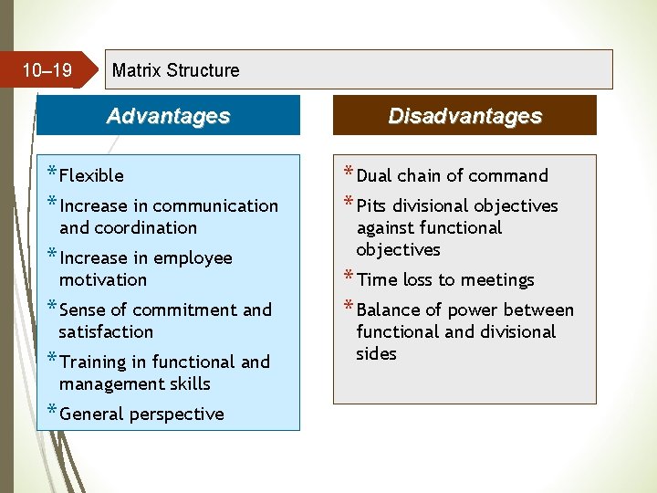 10– 19 Matrix Structure Advantages * Flexible * Increase in communication and coordination * 10– 19 Matrix Structure Advantages * Flexible * Increase in communication and coordination *