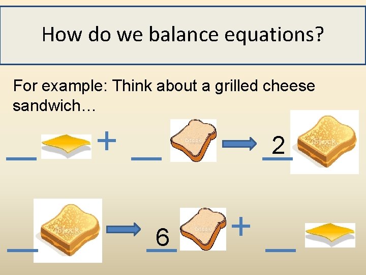 How do we balance equations? For example: Think about a grilled cheese sandwich… 2