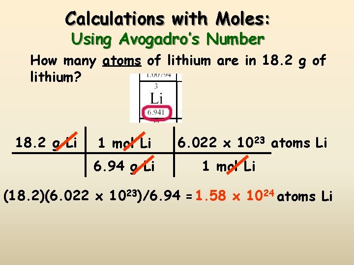 Calculations with Moles: Using Avogadro’s Number How many atoms of lithium are in 18.