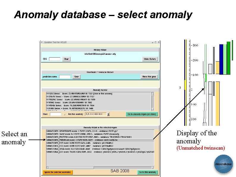 Anomaly database – select anomaly Display of the anomaly Select an anomaly (Unmatched twinscan)