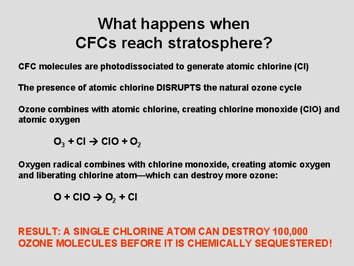 What happens when CFCs reach stratosphere? CFC molecules are photodissociated to generate atomic chlorine