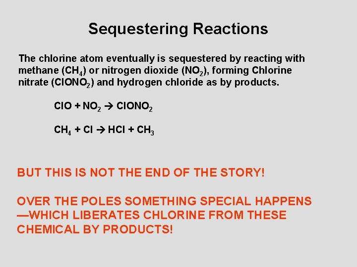 Sequestering Reactions The chlorine atom eventually is sequestered by reacting with methane (CH 4)