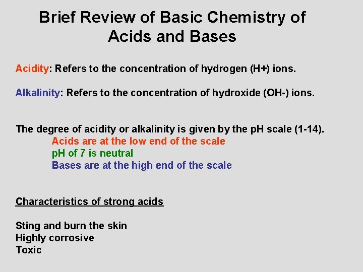 Brief Review of Basic Chemistry of Acids and Bases Acidity: Refers to the concentration