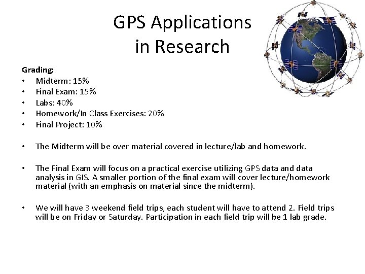 GPS Applications in Research Grading: • Midterm: 15% • Final Exam: 15% • Labs: