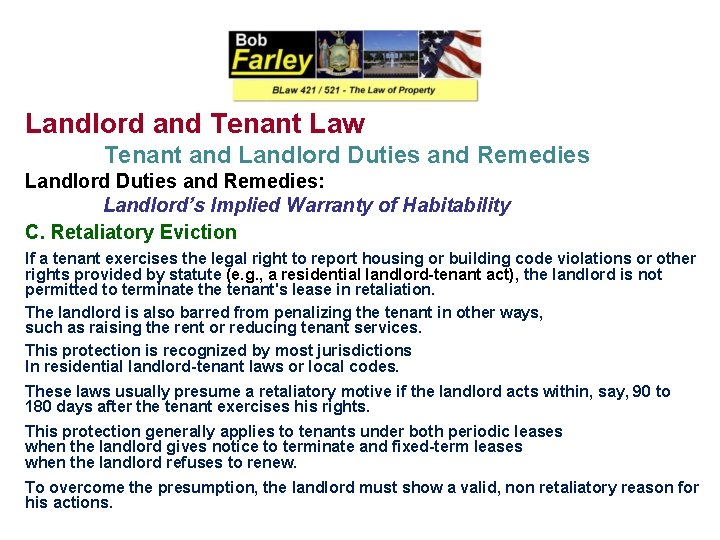Landlord and Tenant Law Tenant and Landlord Duties and Remedies: Landlord’s Implied Warranty of