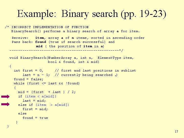 Example: Binary search (pp. 19 -23) /* INCORRECT IMPLEMENTATION OF FUNCTION Binary. Search() performs