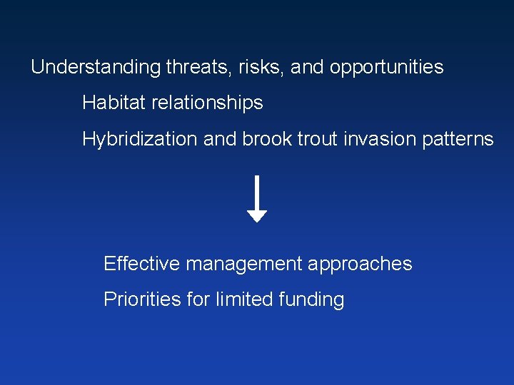 Understanding threats, risks, and opportunities Habitat relationships Hybridization and brook trout invasion patterns Effective