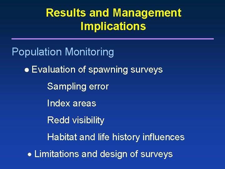 Results and Management Implications Population Monitoring Evaluation of spawning surveys Sampling error Index areas