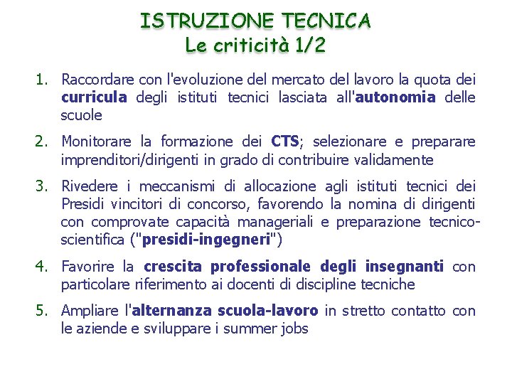 ISTRUZIONE TECNICA Le criticità 1/2 1. Raccordare con l'evoluzione del mercato del lavoro la