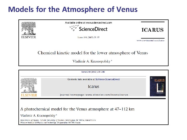 Models for the Atmosphere of Venus Models for the Atmosphere of Venus