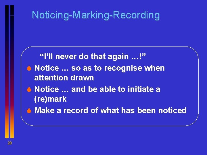 Noticing-Marking-Recording “I’ll never do that again …!” S Notice … so as to recognise