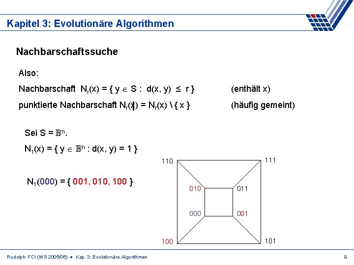 Kapitel 3: Evolutionäre Algorithmen Nachbarschaftssuche Also: Nachbarschaft Nr(x) = { y S : d(x,