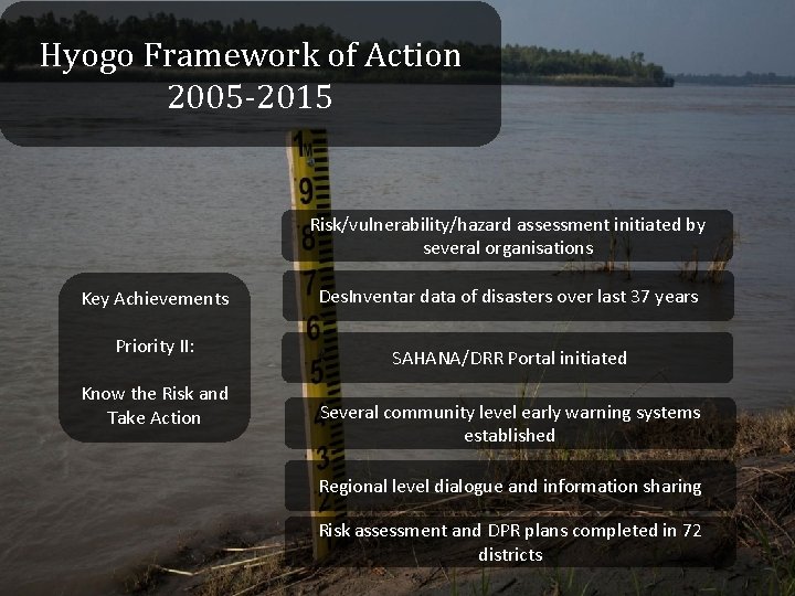 Hyogo Framework of Action 2005 -2015 Risk/vulnerability/hazard assessment initiated by several organisations Key Achievements