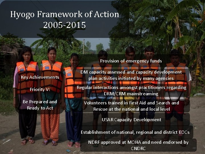 Hyogo Framework of Action 2005 -2015 Provision of emergency funds Key Achievements DM capacity