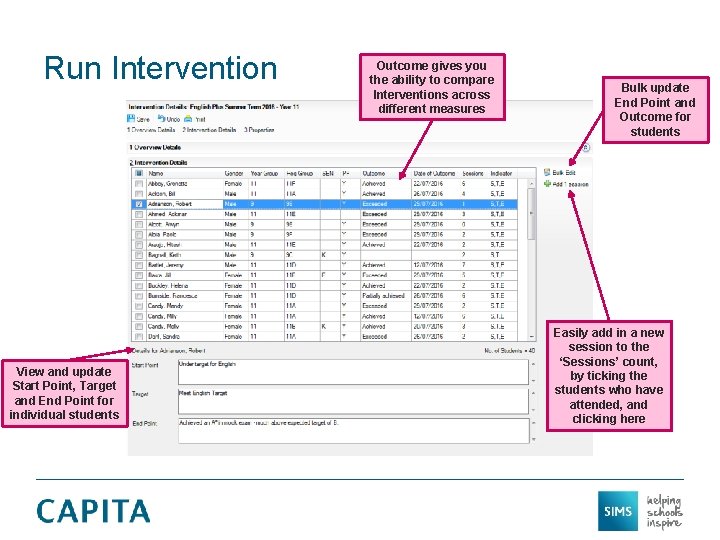 Run Intervention View and update Start Point, Target and End Point for individual students