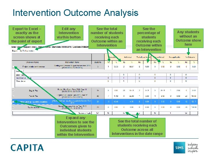 Intervention Outcome Analysis Export to Excel – exactly as the screen shows at the