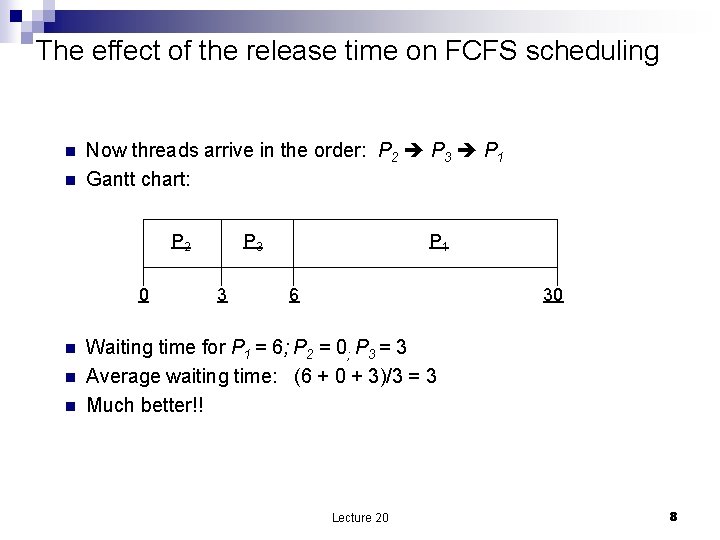 The effect of the release time on FCFS scheduling n n Now threads arrive