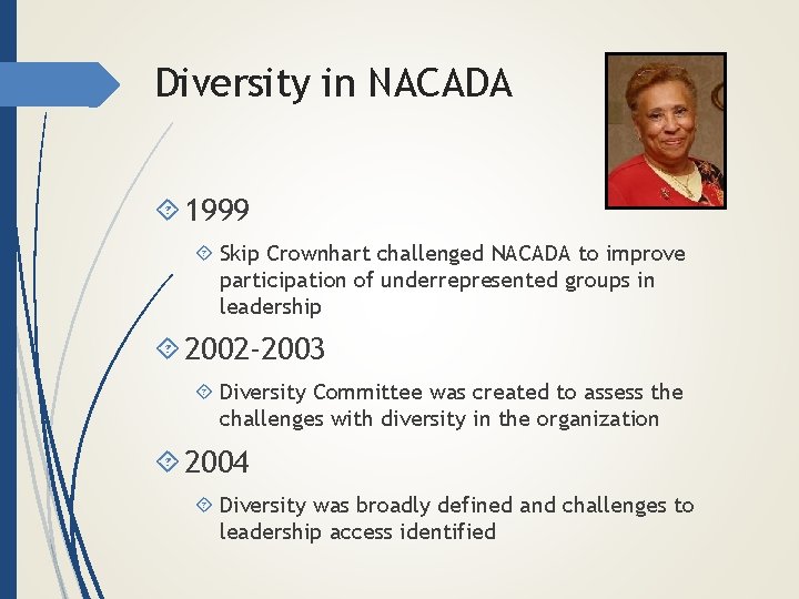 Diversity in NACADA 1999 Skip Crownhart challenged NACADA to improve participation of underrepresented groups