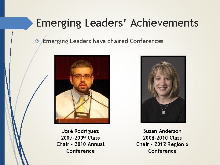 Emerging Leaders’ Achievements Emerging Leaders have chaired Conferences José Rodriguez 2007 -2009 Class Chair