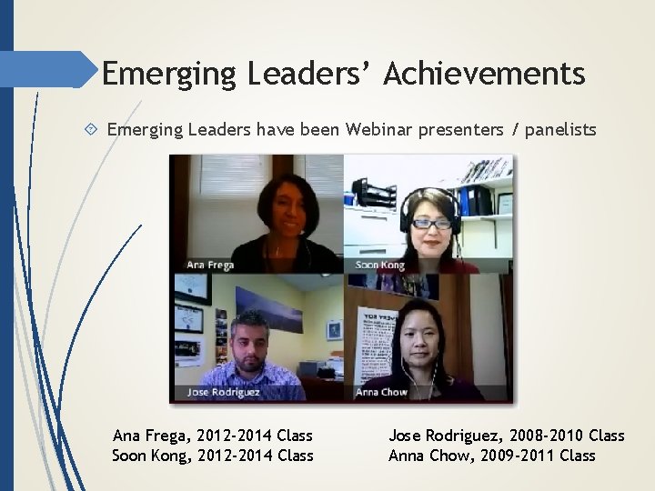 Emerging Leaders’ Achievements Emerging Leaders have been Webinar presenters / panelists Ana Frega, 2012
