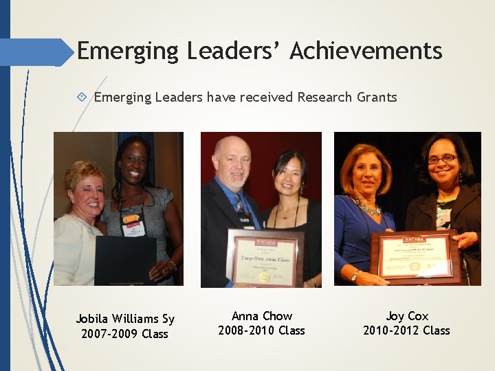 Emerging Leaders’ Achievements Emerging Leaders have received Research Grants Jobila Williams Sy 2007 -2009