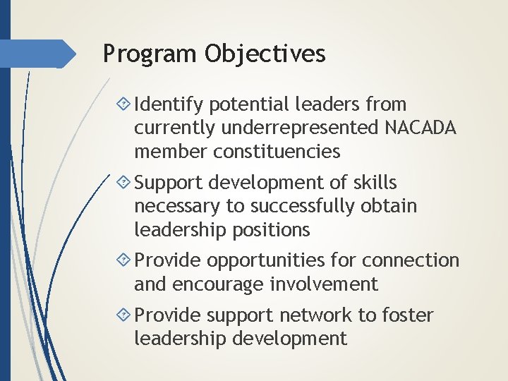 Program Objectives Identify potential leaders from currently underrepresented NACADA member constituencies Support development of