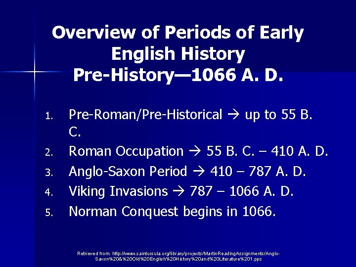 Overview of Periods of Early English History Pre-History— 1066 A. D. 1. 2. 3.