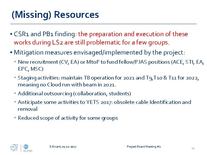 (Missing) Resources • CSR 1 and PB 1 finding: the preparation and execution of