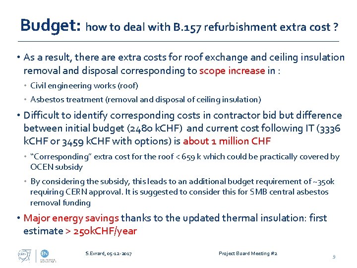 Budget: how to deal with B. 157 refurbishment extra cost ? • As a