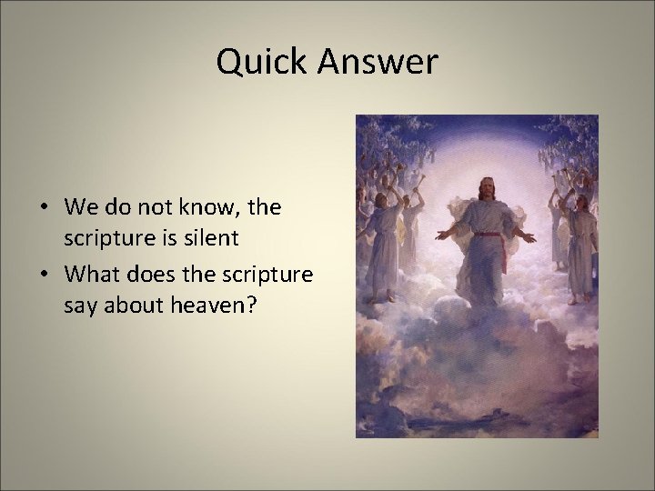 Quick Answer • We do not know, the scripture is silent • What does